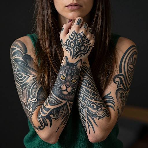 Tattooed Woman in Green Sweater