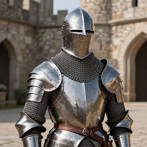 Photorealistic CGI of a knight in shiny, reflective medieval armor with a chainmail undershirt, standing in a stone castle courtyard.