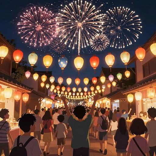 Nighttime festival scene with colorful lanterns, fireworks, and a crowd of people in casual summer clothes, raising hands in excitement.