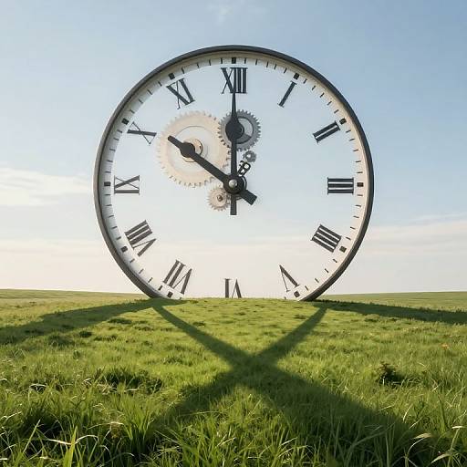 Photograph of a giant white clock with black Roman numerals, gears, and black hands, leaning in a grassy field under a clear blue sky