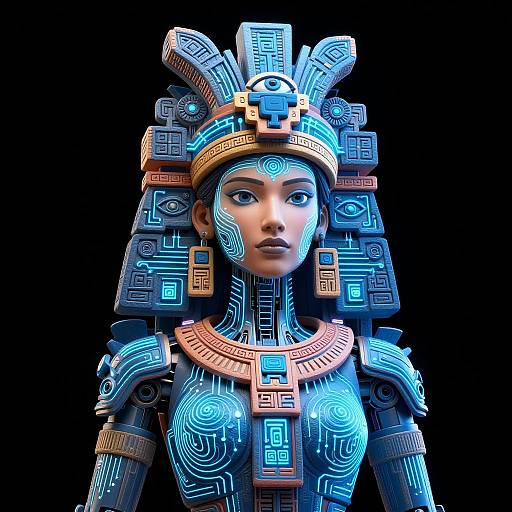 Digital artwork of a futuristic, cyberpunk-style woman with glowing blue and orange circuit-patterned armor, adorned with intricate headpiece, against a black background