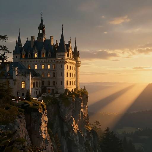 Photograph of a majestic, Gothic-style castle perched on a cliff at sunset, with golden sunlight streaming through clouds and illuminating the castle's sp