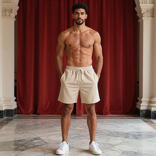 Muscular Shirtless Man in Beige Shorts