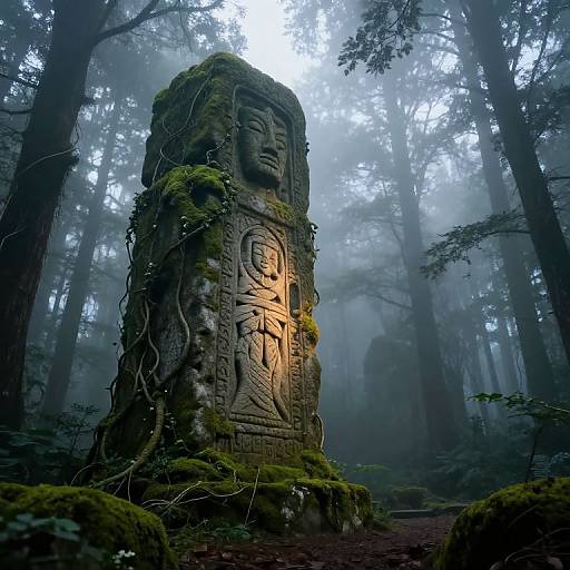 Photograph of a moss-covered, ancient stone carving with intricate face and symbol, illuminated by soft light in a misty forest.