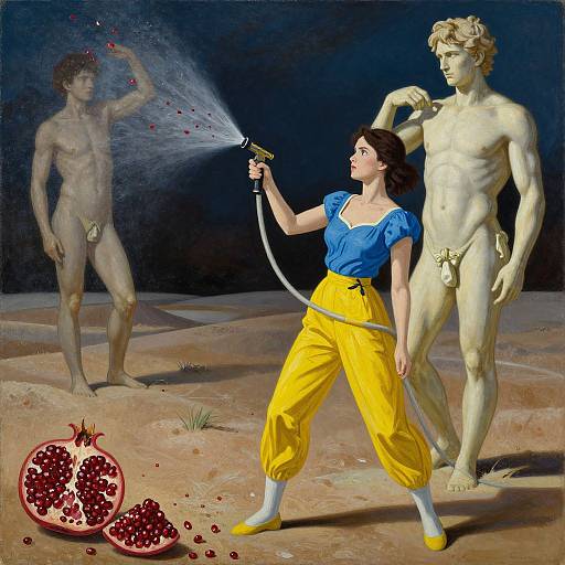 Digital artwork: Fair-skinned woman in blue top and yellow pants sprays water at nude, translucent man; marble statue beside her; pomegran