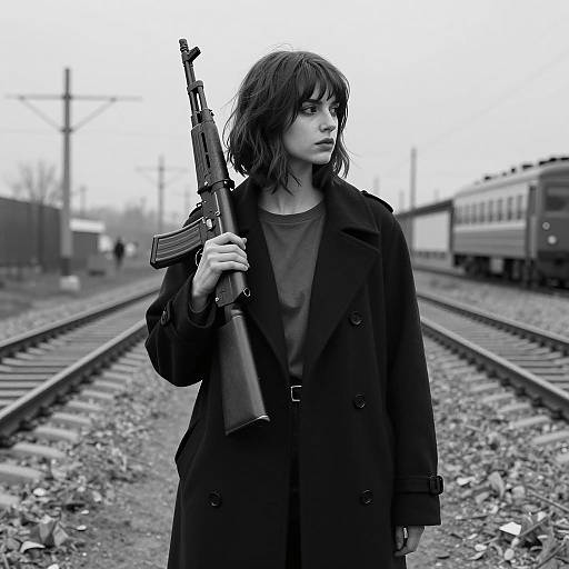 Moody Portrait of Woman with AK-47
