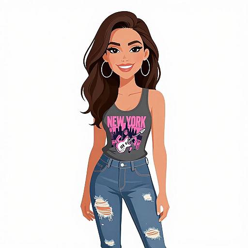 Digital illustration of a smiling woman with long dark hair, wearing a 