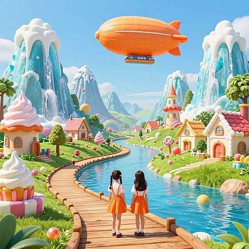 Digital illustration of two girls in orange dresses walking on a wooden path by a colorful, whimsical river, with a giant orange airship overhead and surreal