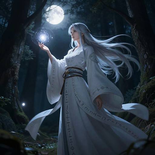 Digital art of a silver-haired woman in a white, ritualistic robe, glowing orb in hand, moonlit forest background.