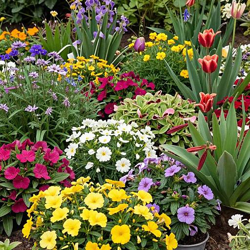 Vibrant photograph of a colorful garden bed filled with yellow, red, purple, white, and blue flowers, including tulips and pansies,