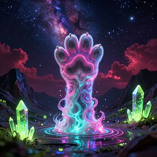 Glowing neon paw print erupts from water, surrounded by vibrant crystals under a starry, cosmic night sky with pink clouds. Digital art.