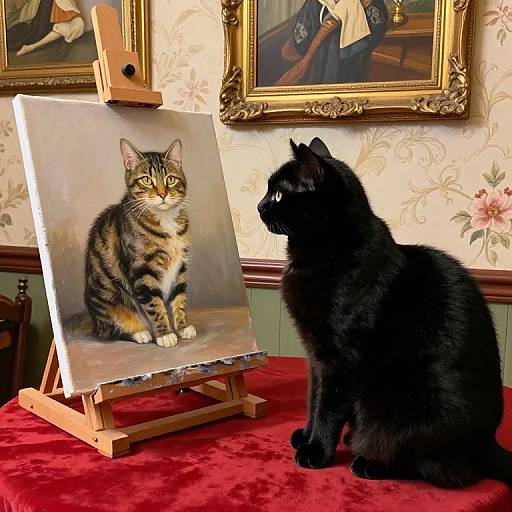 Photograph of a black cat sitting on red velvet, gazing at a painting of a tabby cat on an easel, in an ornately
