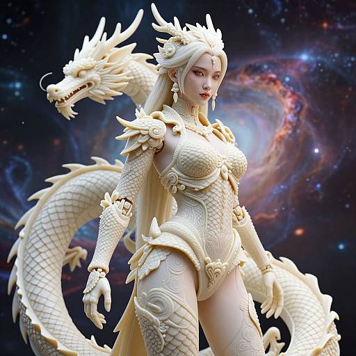 Digital art of a pale-skinned, blonde woman in an ornate, white dragon-themed armor with two dragon heads, set against a cosmic background.