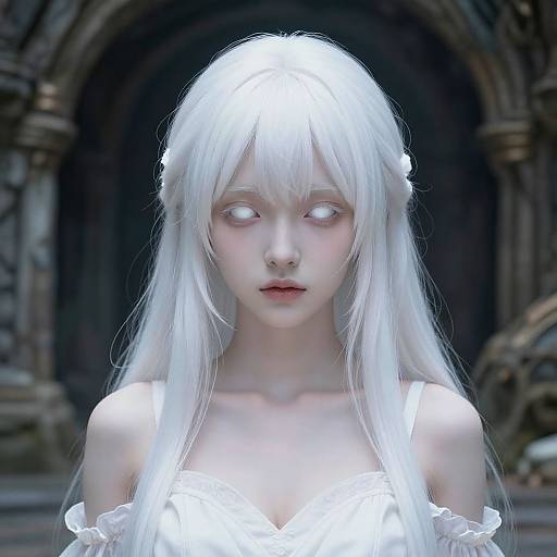 Digital painting of a pale, ethereal woman with long, white hair, glowing eyes, and white dress, standing in a dark, arched doorway