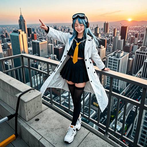 Dynamic Girl in Sunset City Scene