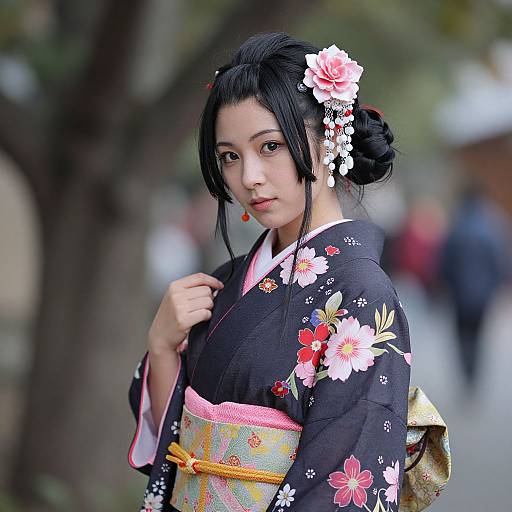 Photograph of an Asian woman in a black floral kimono with pink obi, adorned with white and pink flowers in her black hair, standing outdoors