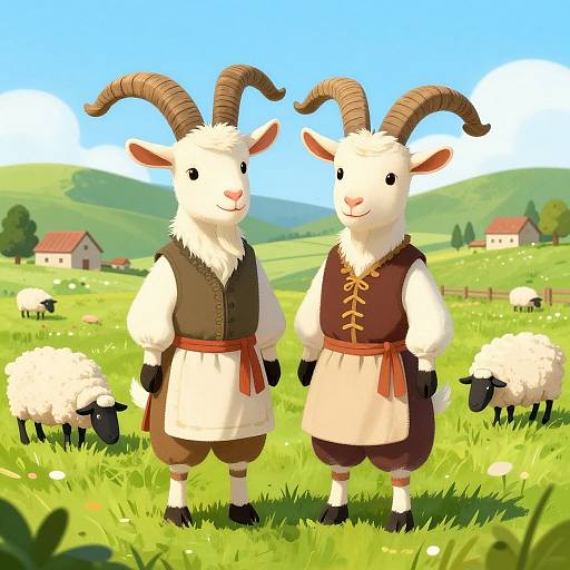 Digital illustration of two smiling white goats with curved horns, wearing brown vests and aprons, standing in a sunny, green pasture with sheep and small houses