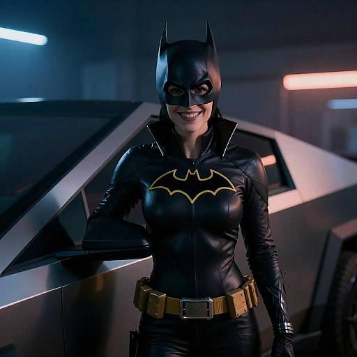 Female Batgirl in Cyberpunk Outfit with Car