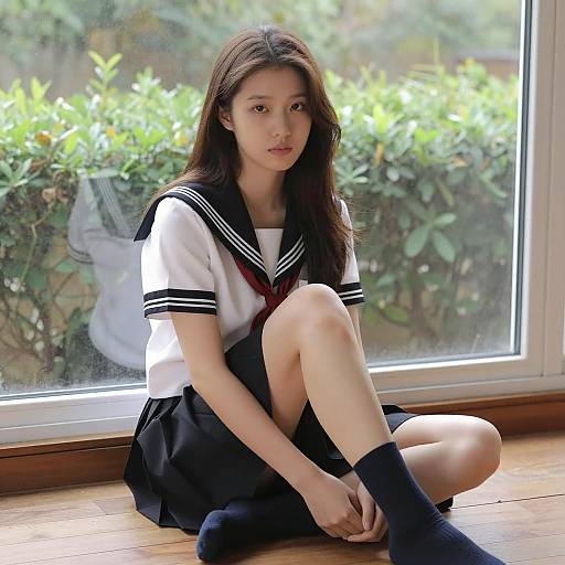 Serene Asian Woman in Sailor Uniform