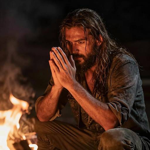 Crouching Man by Fire in Shadows