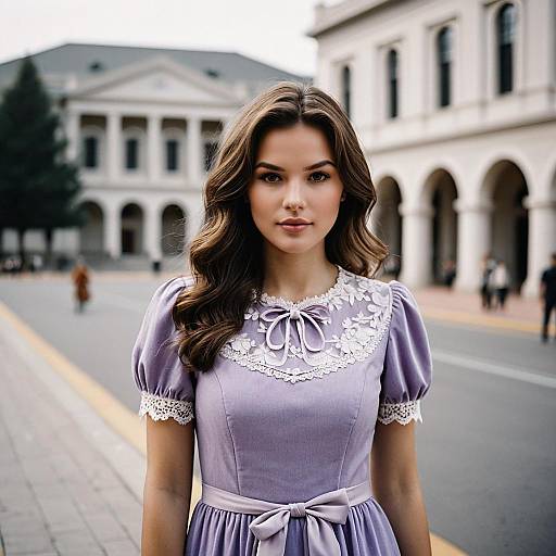 Young Woman in Elegant Lavender Dress Outdoors