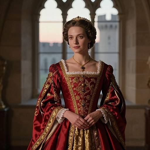 Photograph of a young woman in a regal, red and gold Renaissance-style dress with lace trim, standing in a Gothic window-lit room.