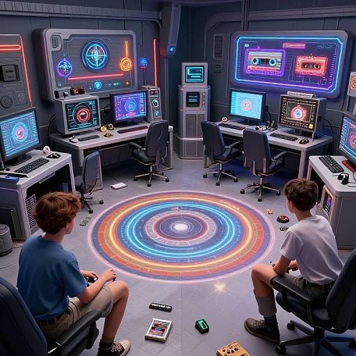 Photograph of two boys in a futuristic control room with neon-lit screens, glowing circular floor light, and various gadgets.