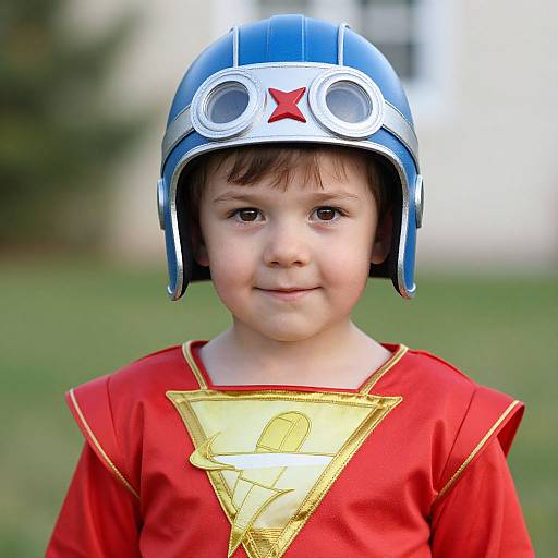 Photograph of a young boy with fair skin, brown eyes, and brown hair, wearing a blue motorcycle helmet with goggles and a red shirt with a