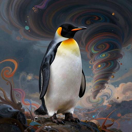 Surreal Majestic Penguin with Swirling Tornado