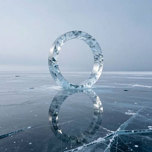 Photograph of a transparent, faceted ice ring on a reflective, cracked ice surface, with a soft blue and white gradient background.