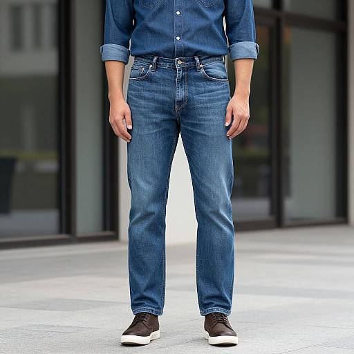 Photograph of a person standing in front of a glass building, wearing blue denim shirt and matching jeans, brown sneakers.