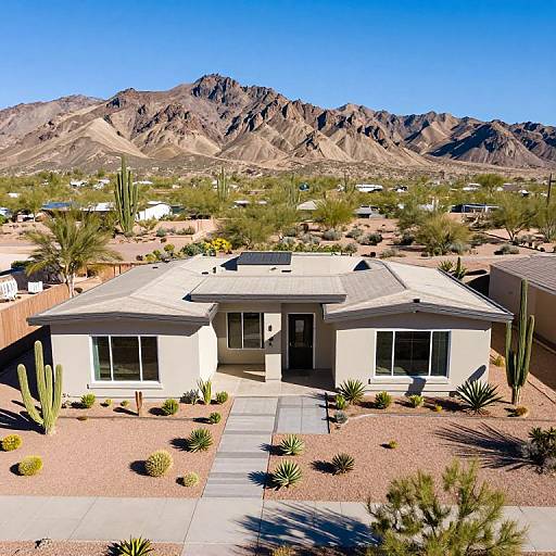 Aerial photograph of a single-story desert house with a white facade, surrounded by cacti and succulents, set against a backdrop of rugged
