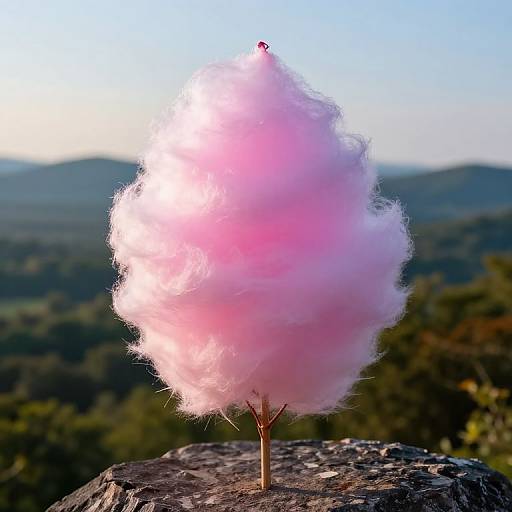 Photograph of a fluffy pink cotton candy on a stick, standing on a rocky surface with a blurred forest and mountains background. Bright sunlight highlights the cotton