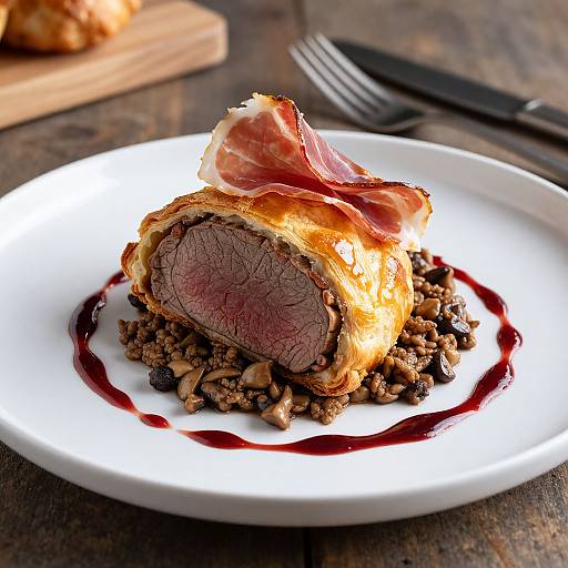 Photograph of a beautifully plated beef Wellington with crispy pastry, pink medium-rare beef, crispy bacon, mushrooms, and a red wine reduction on a
