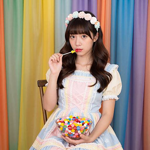 Asian woman in white lace dress, flower crown, and lollipop, holding colorful candy bowl, against rainbow curtain background. Photographic portrait.