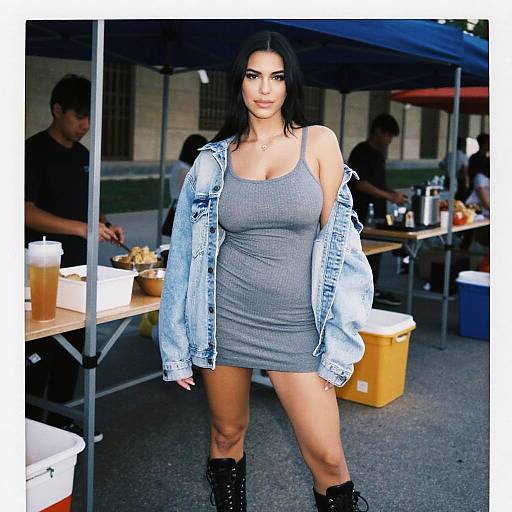 Photograph of a confident woman with long dark hair, wearing a tight gray tank dress, denim jacket, and black boots, standing at an outdoor food