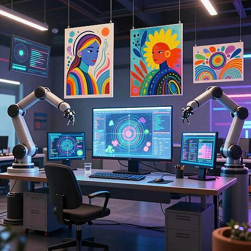 Digital art studio with dual monitors, white robotic arms, colorful abstract paintings, black chair, and blue-lit workspace. Vibrant, modern, tech