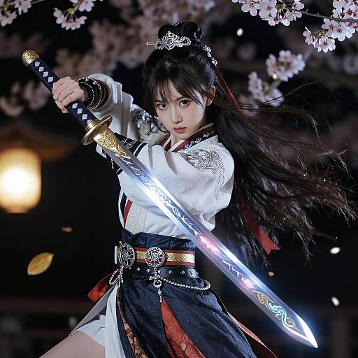 Photograph of an Asian woman with black hair in a traditional samurai outfit, holding a glowing sword under cherry blossoms at night.