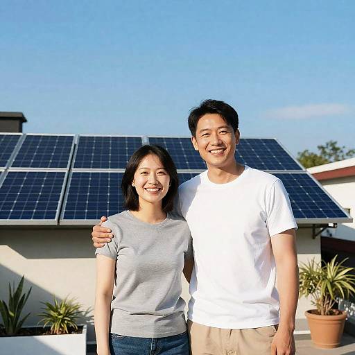 Joyful Couple on Sunlit Solar Rooftop