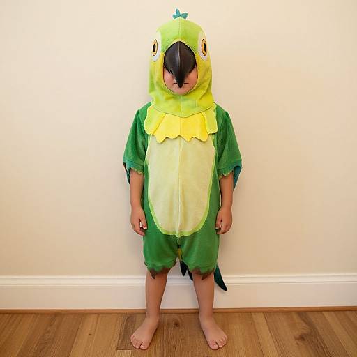 Photograph of a young child in a bright green parrot costume with yellow chest and black beak, standing barefoot on wooden floor against a white