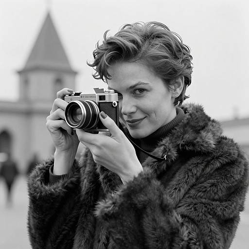 Woman with Vintage Camera in Fur Coat