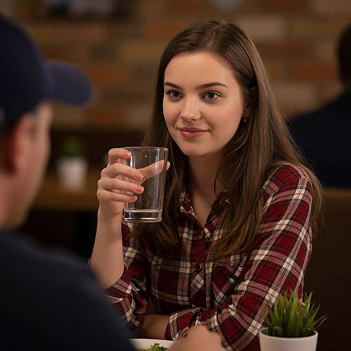Photograph of a young woman with fair skin and long brown hair, wearing a red plaid shirt, holding a glass of water, smiling, in