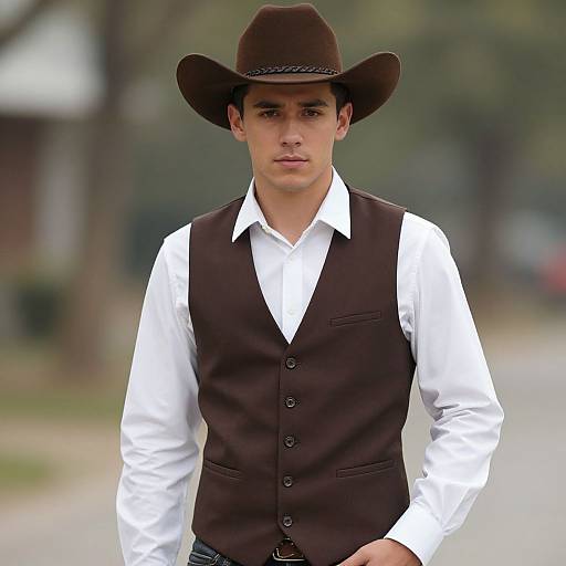 Young man in brown cowboy hat and white shirt with brown vest, standing outdoors with blurred trees in background. Photograph.