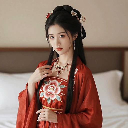 Photograph of an East Asian woman in a red floral kimono, adorned with gold jewelry, standing in a bedroom with white pillows.