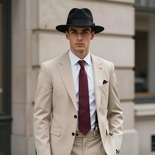Young man in beige suit with fedora hat