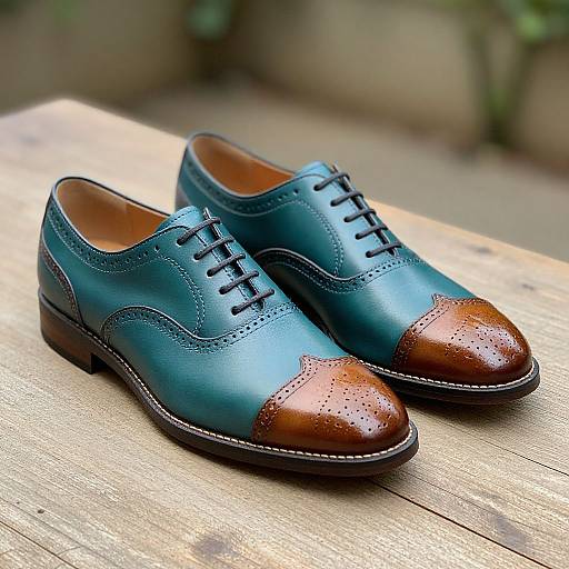 Photograph of a pair of blue and brown brogue dress shoes with black laces, placed on a weathered wooden surface.
