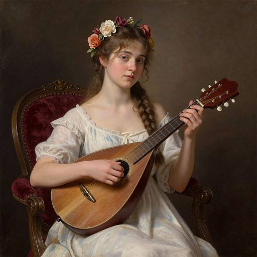 Photorealistic painting of a young girl with fair skin, brown hair in a braid, wearing a floral crown and white dress, playing a wooden