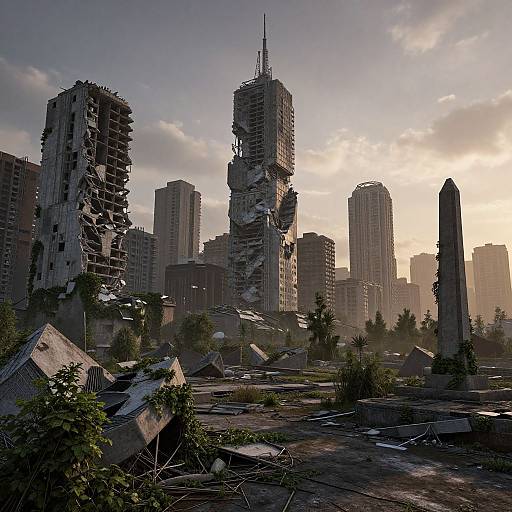 Photorealistic CGI of a post-apocalyptic cityscape with partially collapsed skyscrapers, overgrown debris, and a sunlit, cloud-filled sky