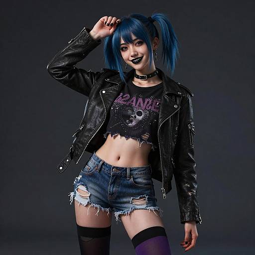 Photograph of a punk-style woman with blue pigtails, black leather jacket, ripped 