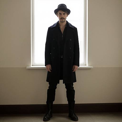 Photograph of a pale, slender man with dark hair and beard, wearing a black coat, hat, and pants, standing in front of a bright